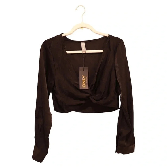 Only Satin Black Mille Cropped Satin Twist  Crop Top With Balloon Sleeves Large - Picture 7 of 10